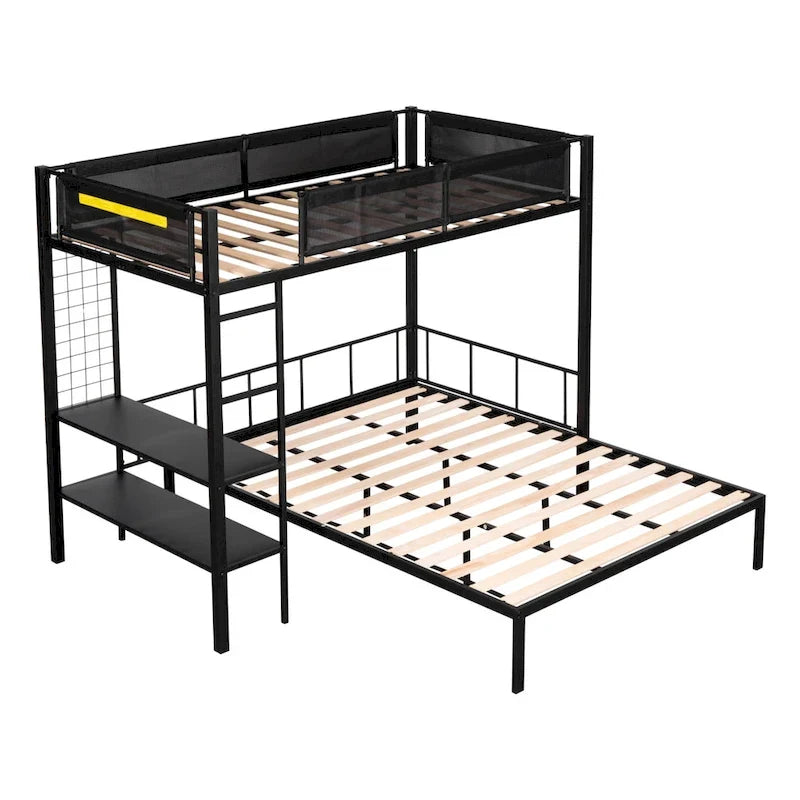 Metal Twin over Full Bunk Bed with Shelves & Grid Panel