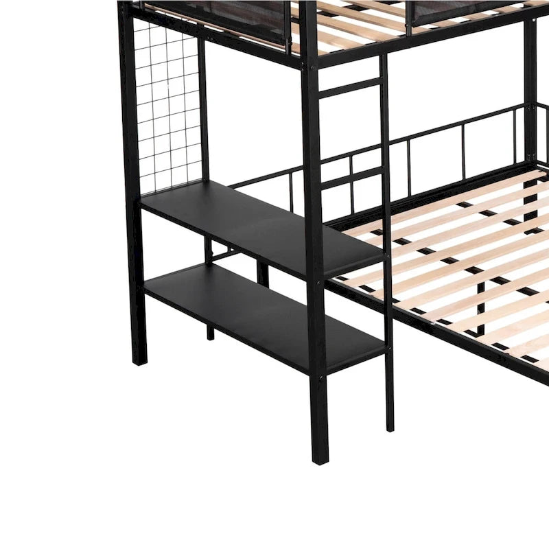 Metal Twin over Full Bunk Bed with Shelves & Grid Panel