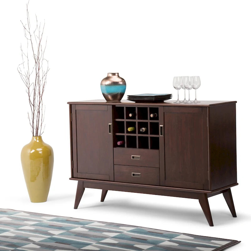 Solid Hardwood 54-Inch Wide Mid Century Modern Sideboard Buffet with Wine Rack