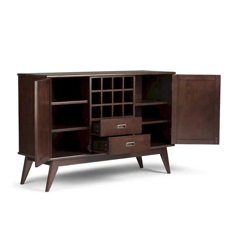Solid Hardwood 54-Inch Wide Mid Century Modern Sideboard Buffet with Wine Rack