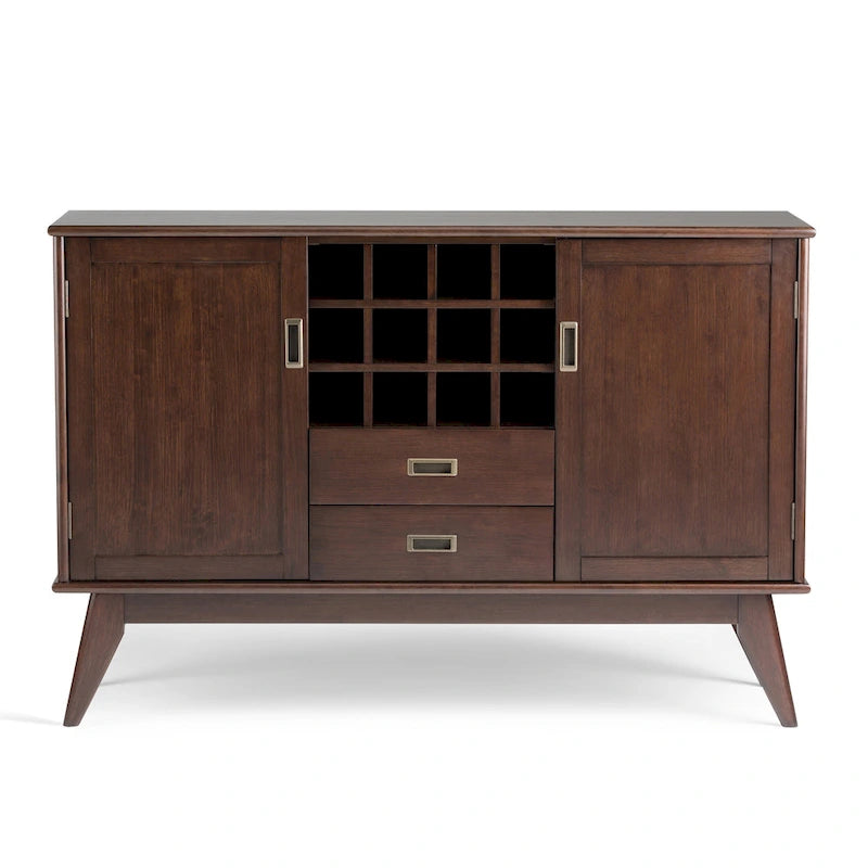 Solid Hardwood 54-Inch Wide Mid Century Modern Sideboard Buffet with Wine Rack