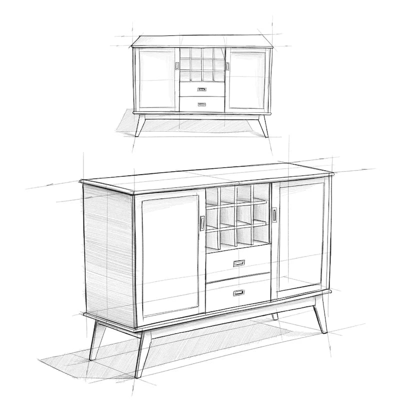 Solid Hardwood 54-Inch Wide Mid Century Modern Sideboard Buffet with Wine Rack