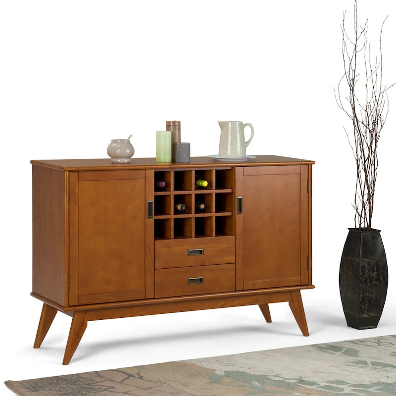Solid Hardwood 54-Inch Wide Mid Century Modern Sideboard Buffet with Wine Rack