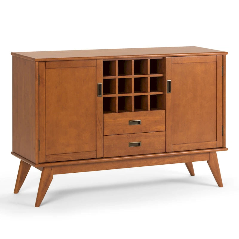 Solid Hardwood 54-Inch Wide Mid Century Modern Sideboard Buffet with Wine Rack