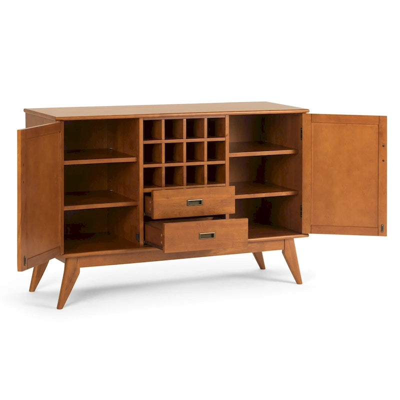 Solid Hardwood 54-Inch Wide Mid Century Modern Sideboard Buffet with Wine Rack