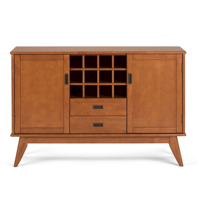 Solid Hardwood 54-Inch Wide Mid Century Modern Sideboard Buffet with Wine Rack