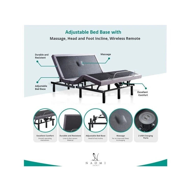 Adjustable Bed Base with 3 Speed Massage, Head and Foot Incline & Wireless Remote
