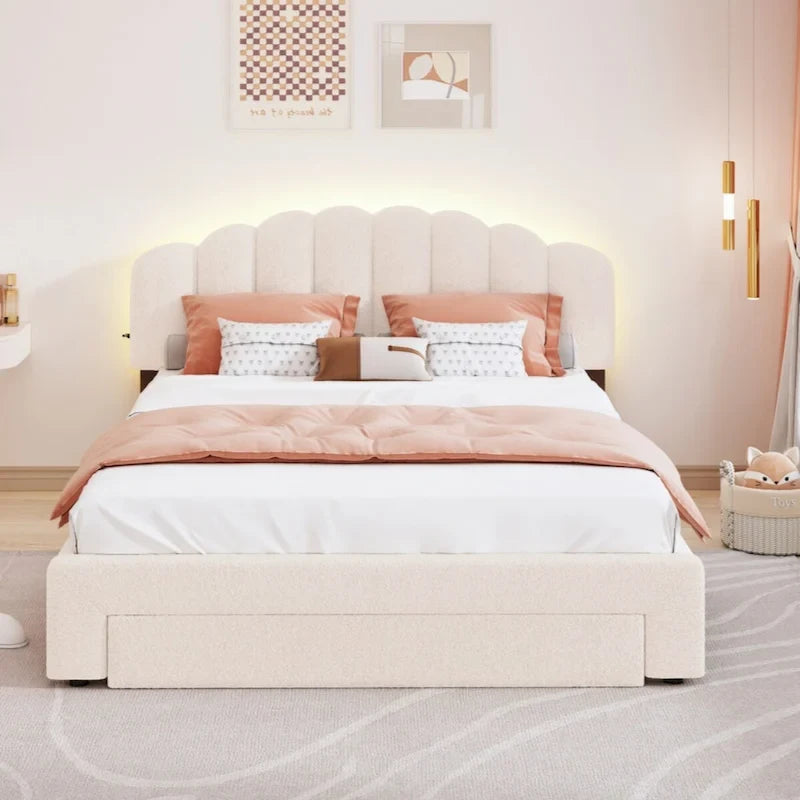 Teddy Fleece Queen Size Upholstered Platform Bed with Drawer