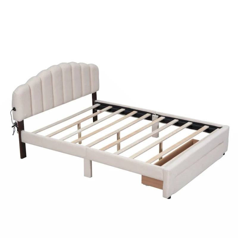 Queen Size Upholstered Platform Bed with Drawer