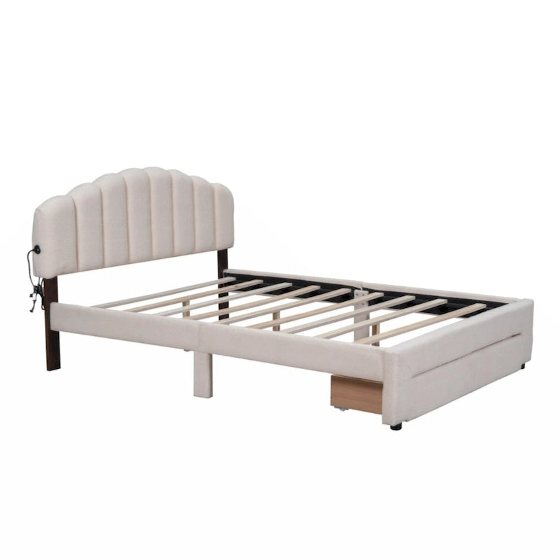 Queen Size Upholstered Platform Bed with Drawer