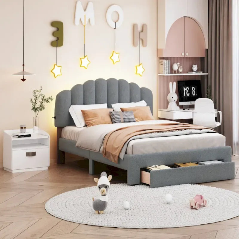 Queen Size Upholstered Platform Bed with Drawer