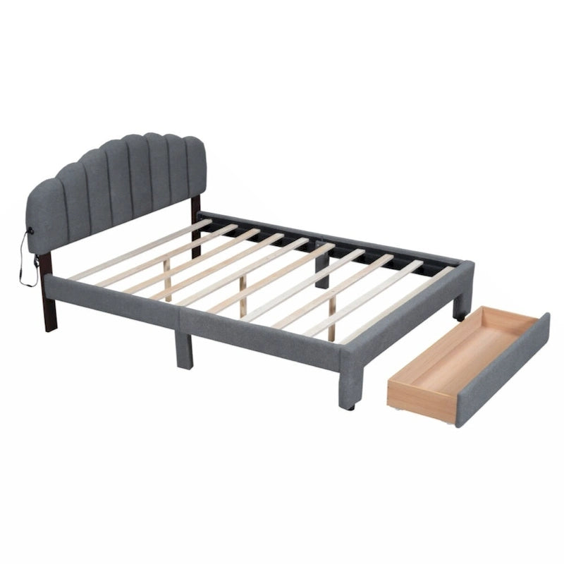 Queen Size Upholstered Platform Bed with Drawer