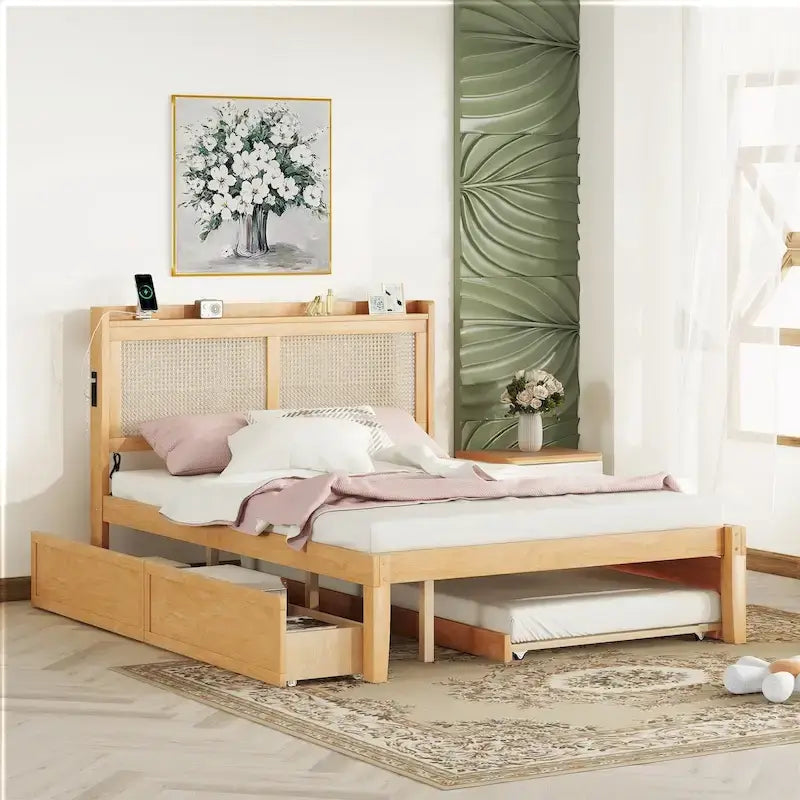 Wooden Bed Frame with Rattan Headboard