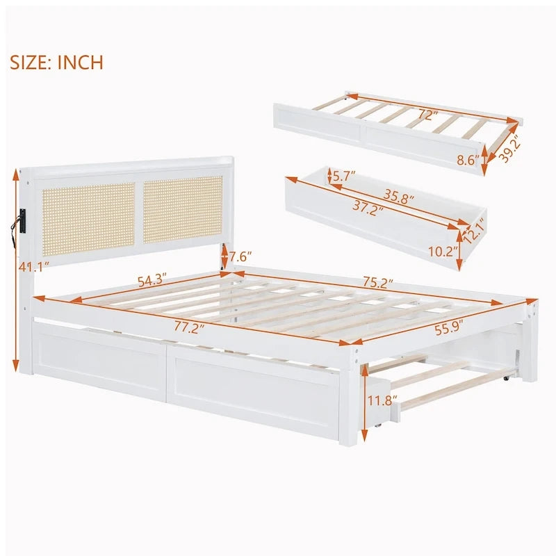 Wooden Bed Frame with Rattan Headboard