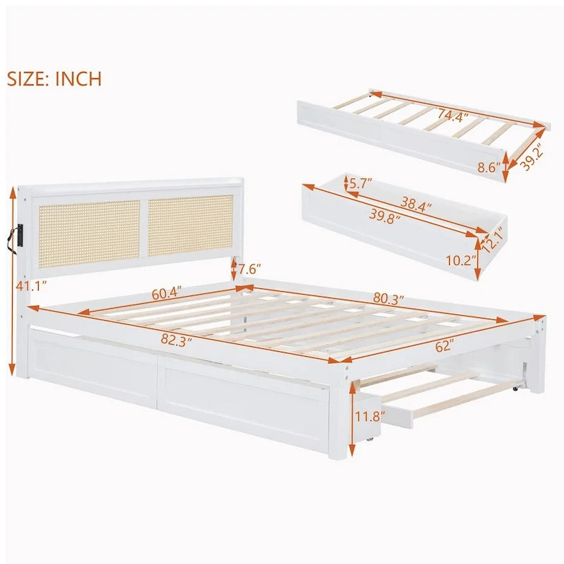 Wooden Bed Frame with Rattan Headboard