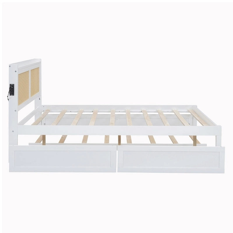 Wooden Bed Frame with Rattan Headboard