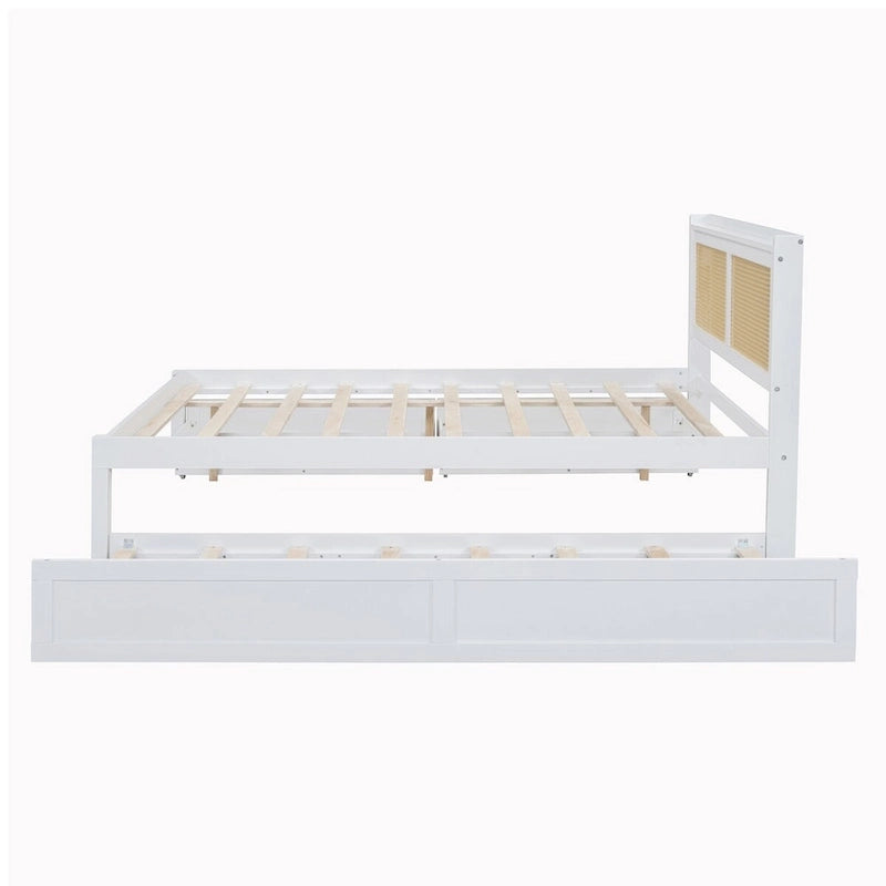 Wooden Bed Frame with Rattan Headboard
