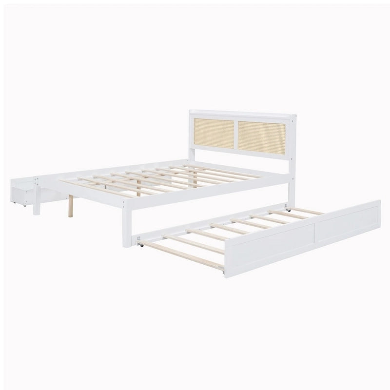 Wooden Bed Frame with Rattan Headboard