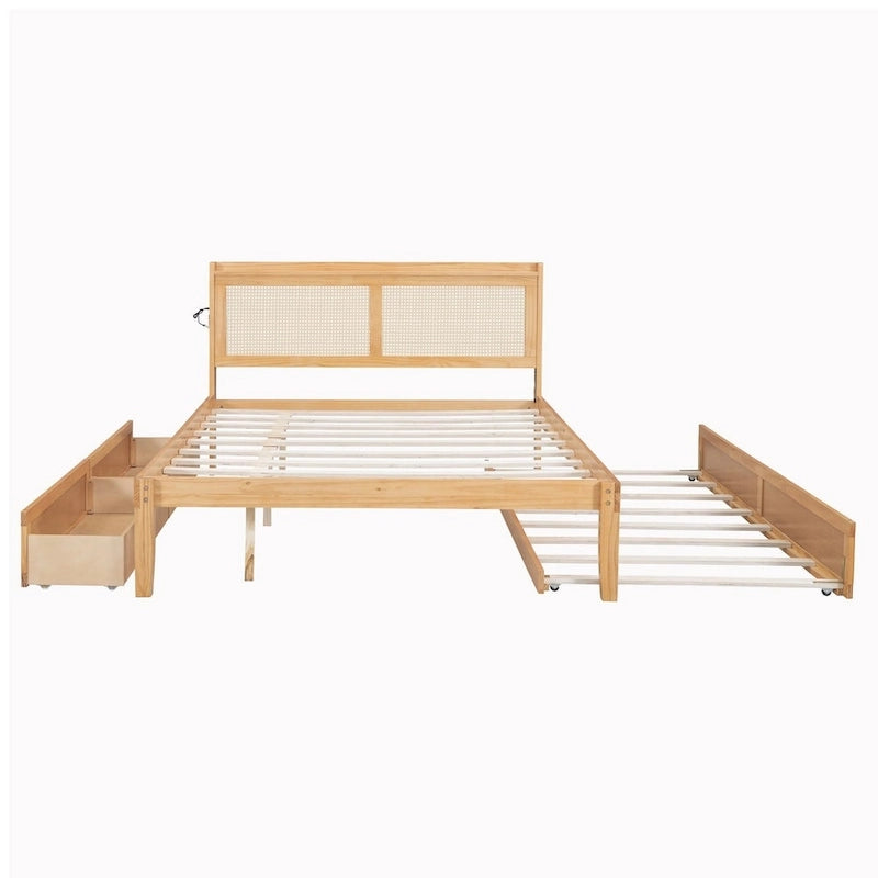 Wooden Bed Frame with Rattan Headboard