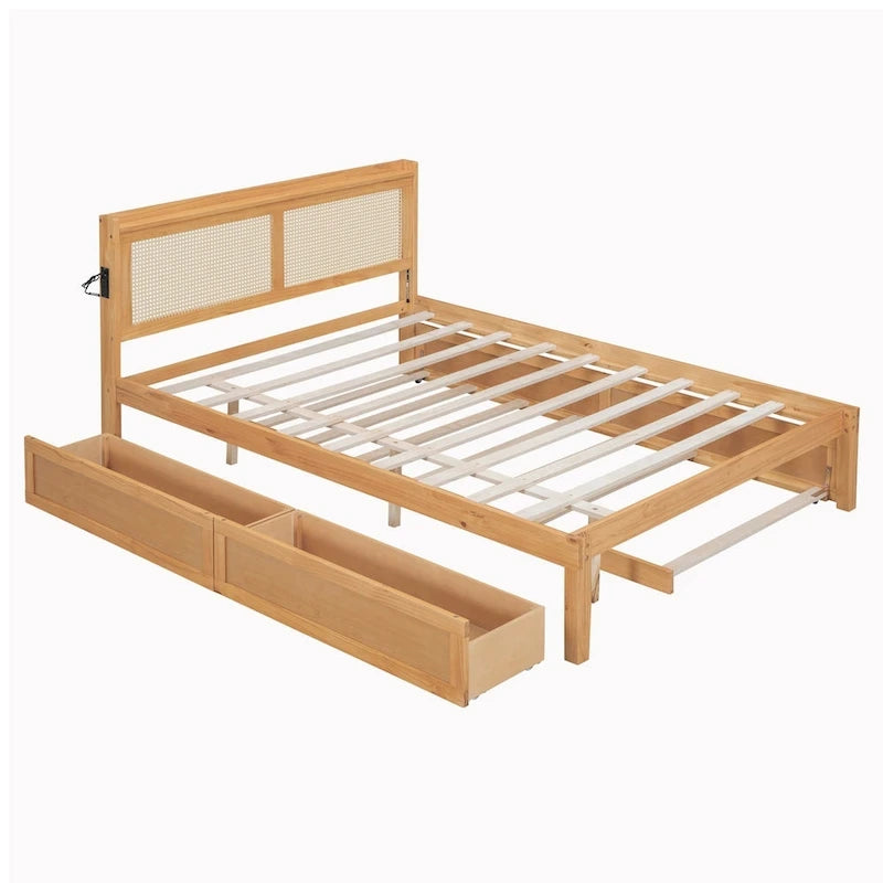 Wooden Bed Frame with Rattan Headboard