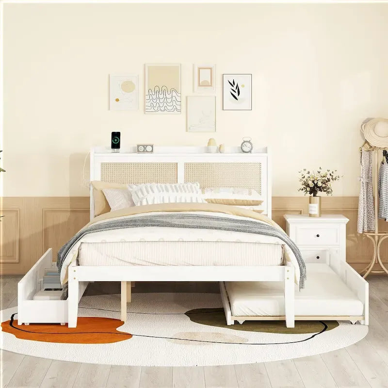 Wooden Bed Frame with Rattan Headboard
