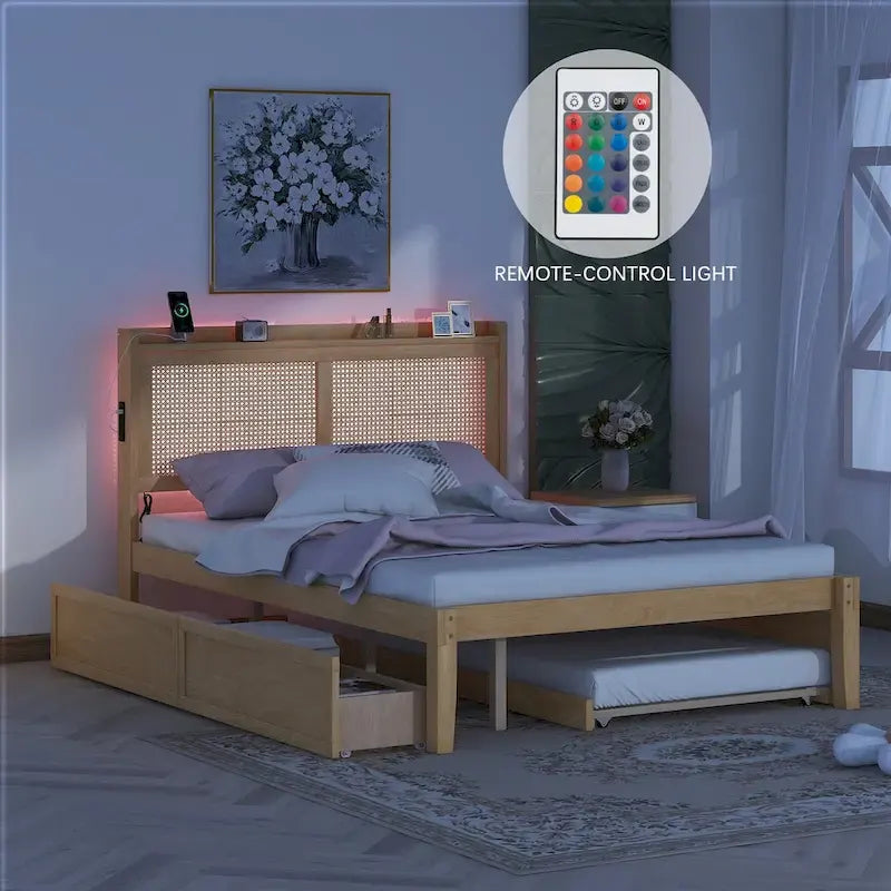 Wooden Bed Frame with Rattan Headboard