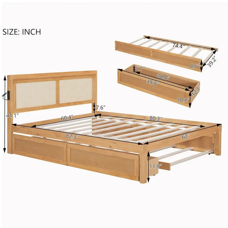 Wooden Bed Frame with Rattan Headboard