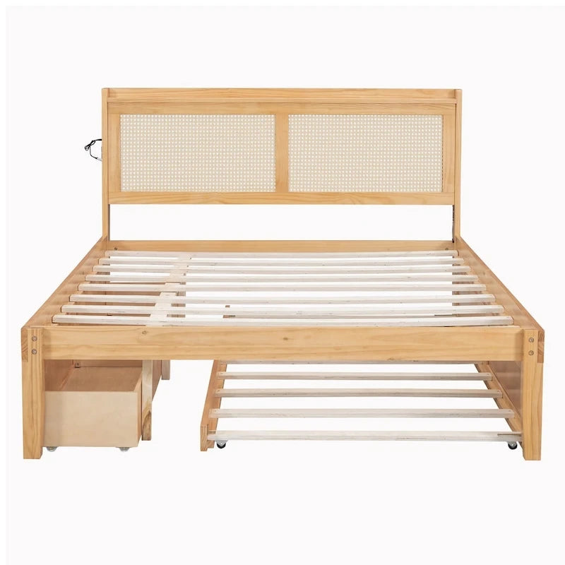Wooden Bed Frame with Rattan Headboard