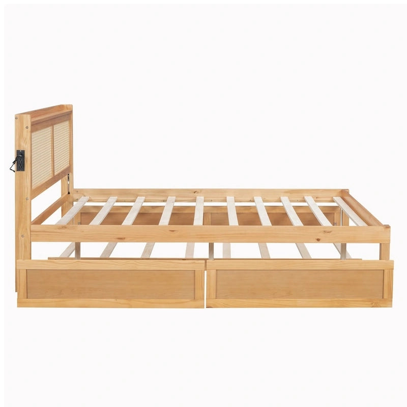 Wooden Bed Frame with Rattan Headboard