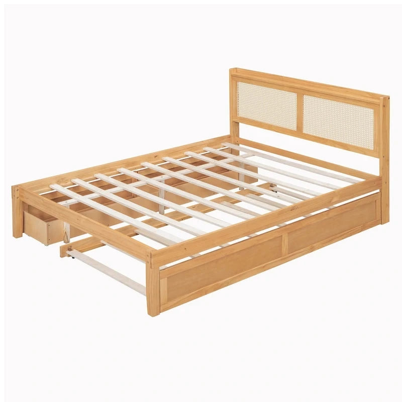 Wooden Bed Frame with Rattan Headboard