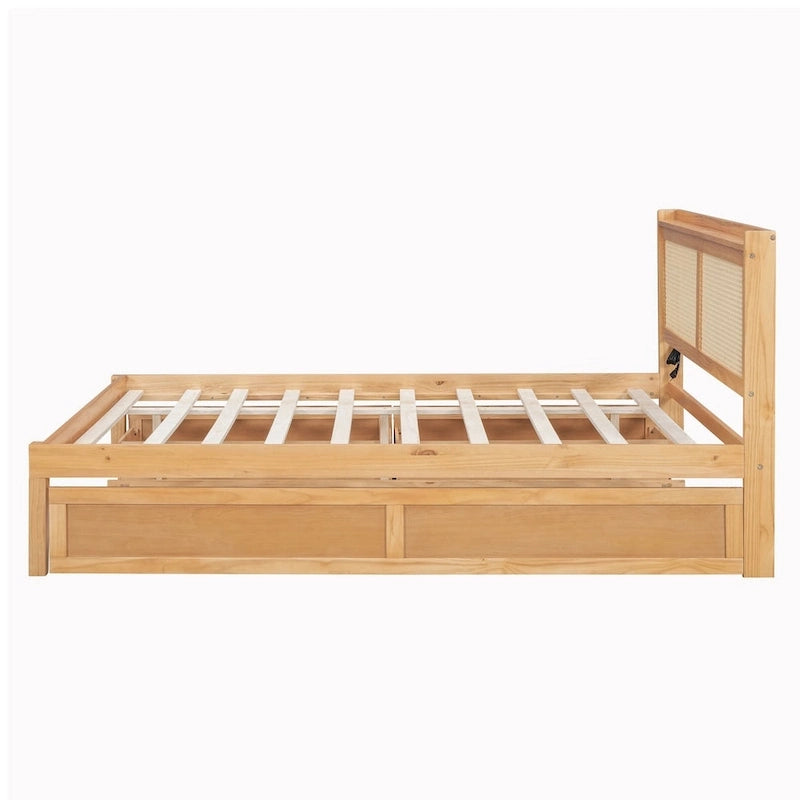 Wooden Bed Frame with Rattan Headboard