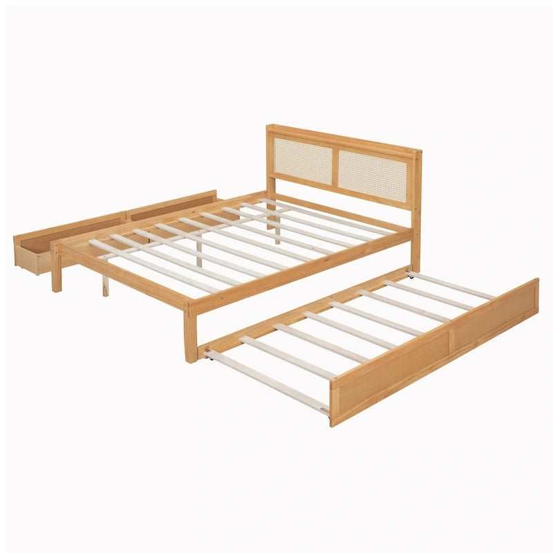 Wooden Bed Frame with Rattan Headboard