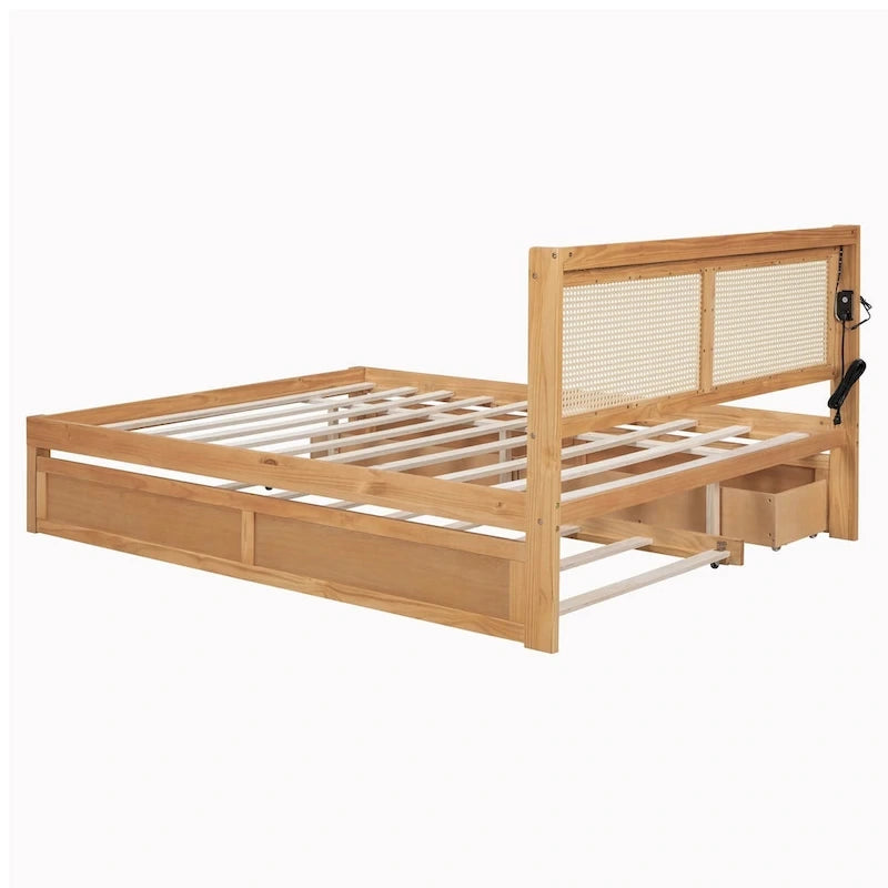 Wooden Bed Frame with Rattan Headboard