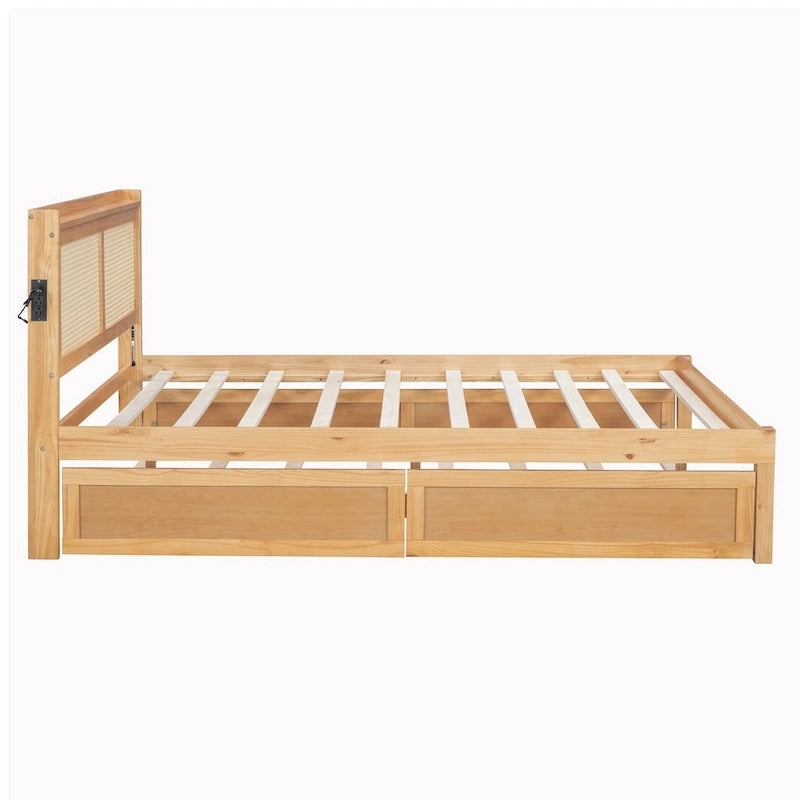Wooden Bed Frame with Rattan Headboard