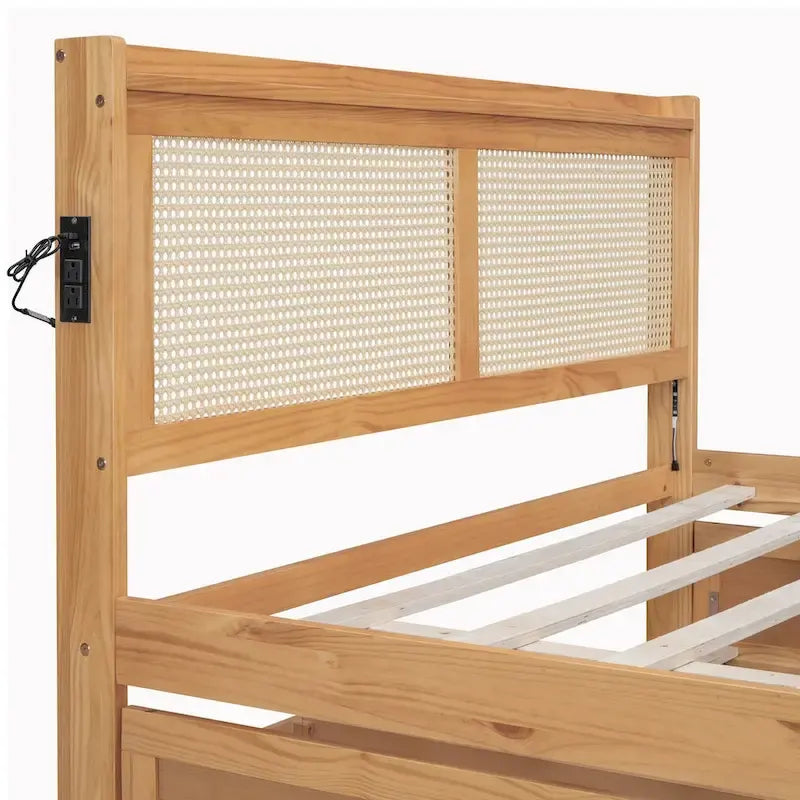 Wooden Bed Frame with Rattan Headboard