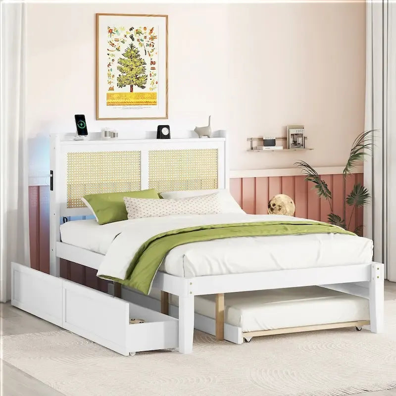 Wooden Bed Frame with Rattan Headboard