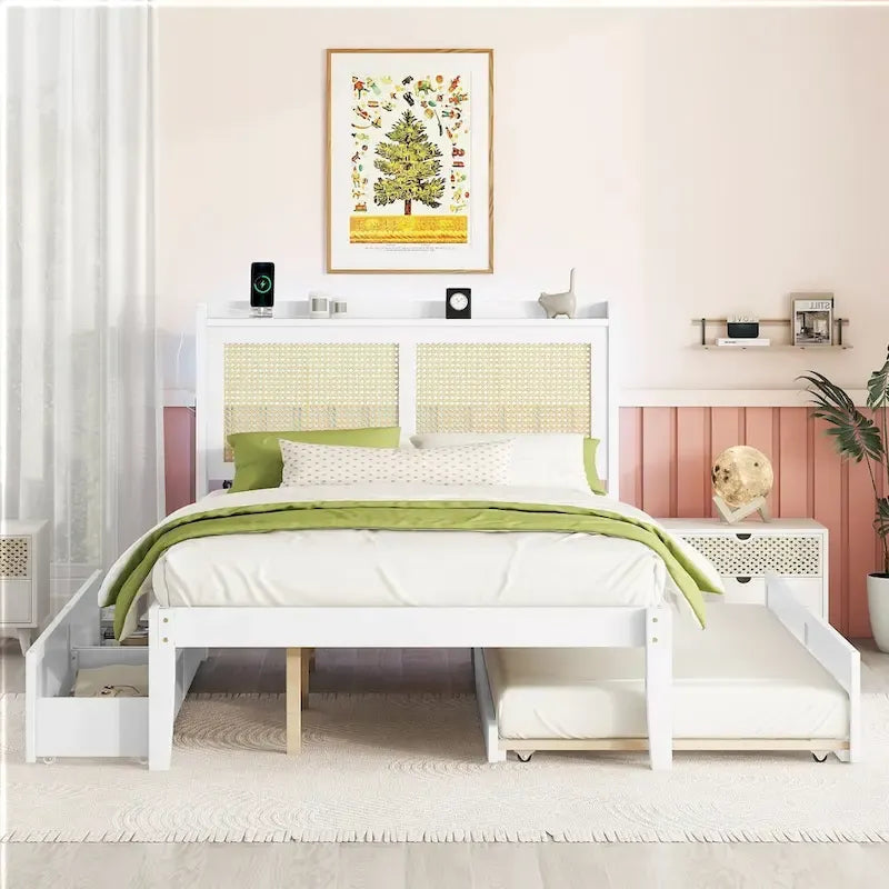 Wooden Bed Frame with Rattan Headboard