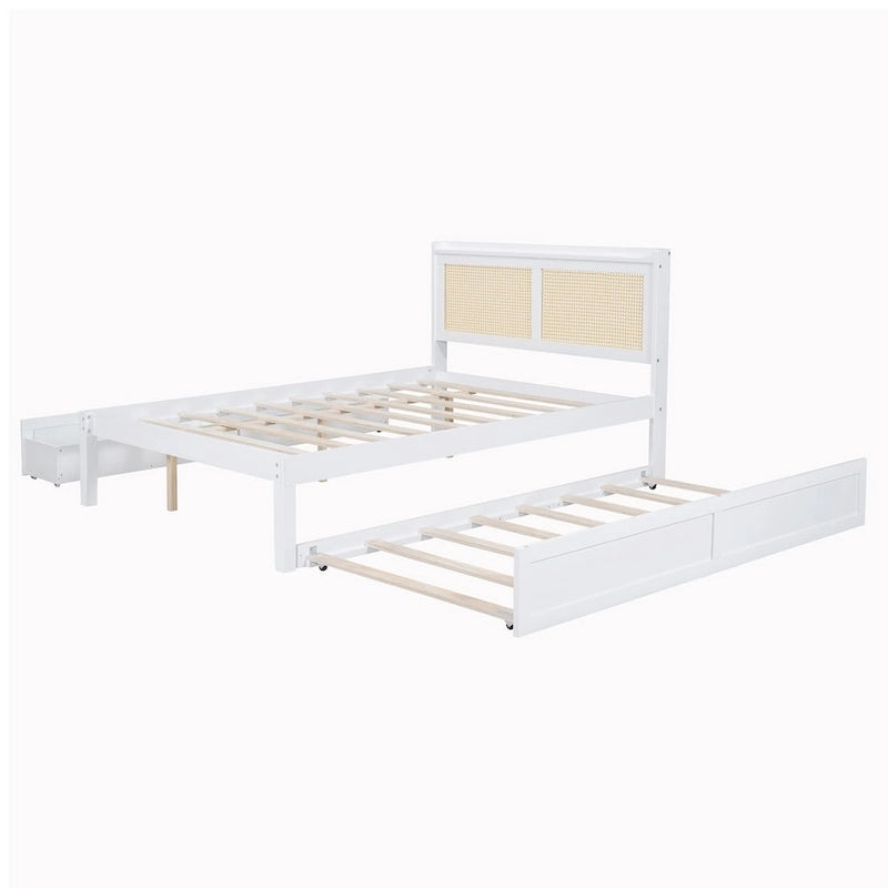Wooden Bed Frame with Rattan Headboard
