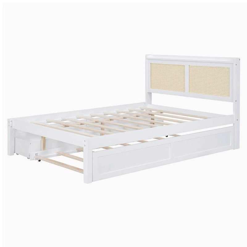 Wooden Bed Frame with Rattan Headboard