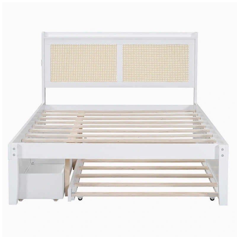 Wooden Bed Frame with Rattan Headboard