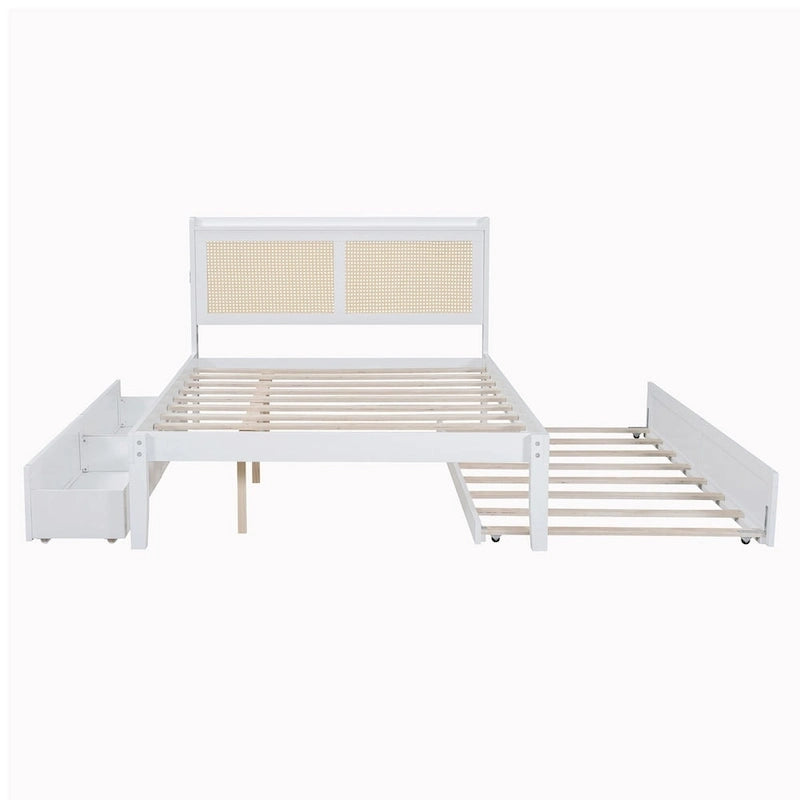 Wooden Bed Frame with Rattan Headboard