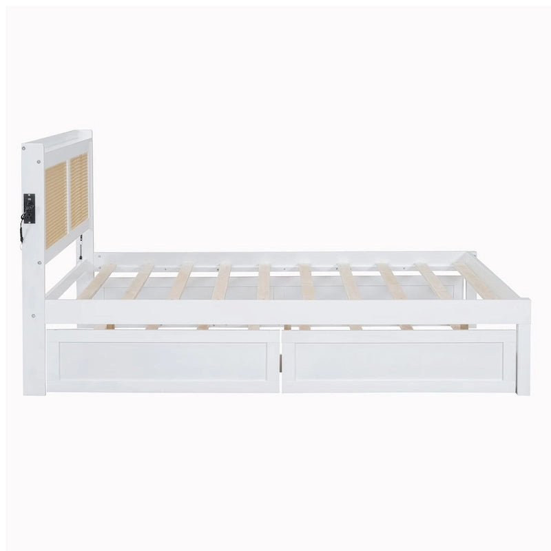 Wooden Bed Frame with Rattan Headboard