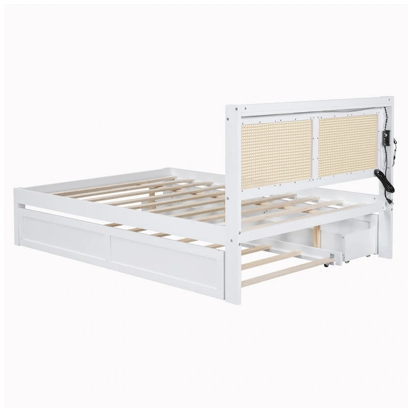 Wooden Bed Frame with Rattan Headboard