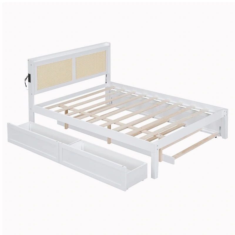 Wooden Bed Frame with Rattan Headboard