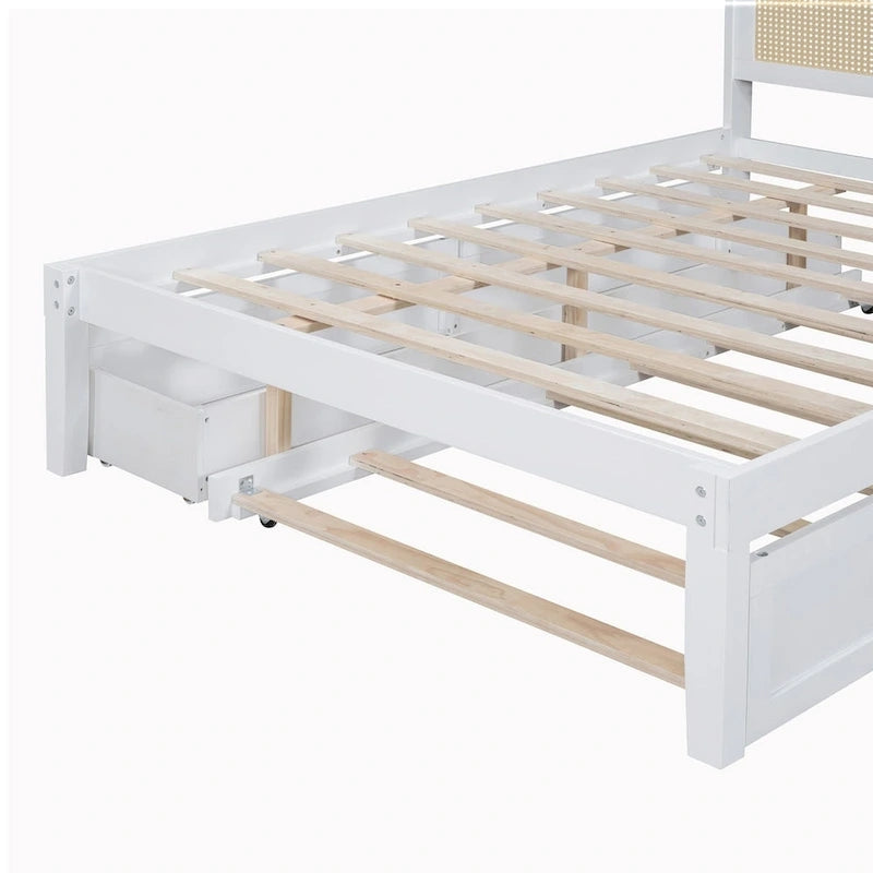 Wooden Bed Frame with Rattan Headboard