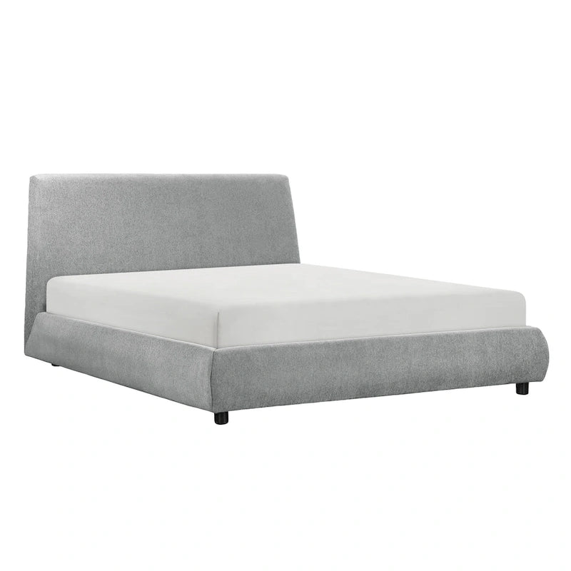 Queen Size Platform Bed, Low Profile, Gray Chenille Fabric Upholstery