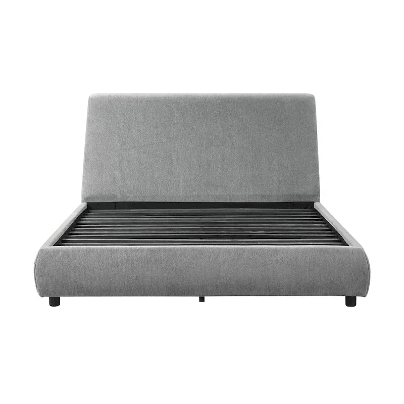 Queen Size Platform Bed, Low Profile, Gray Chenille Fabric Upholstery