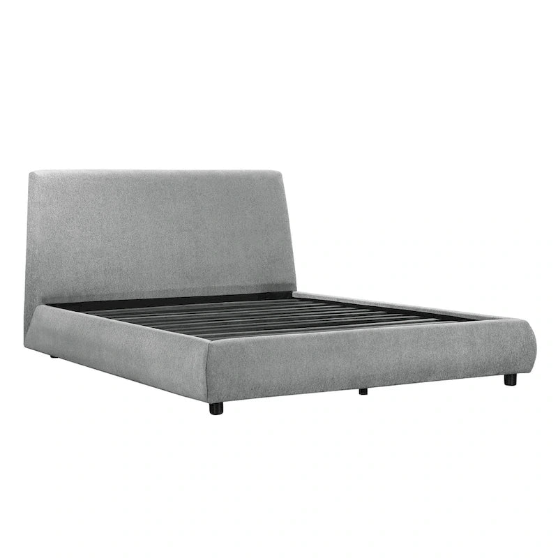Queen Size Platform Bed, Low Profile, Gray Chenille Fabric Upholstery