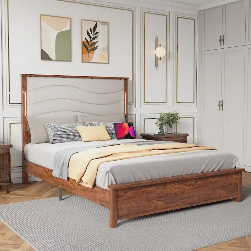 King Bed Frame with Upholstered Headboard, Charging Station & LED Lights