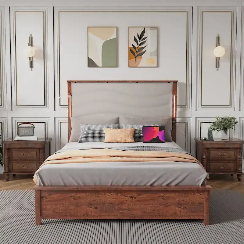 King Bed Frame with Upholstered Headboard, Charging Station & LED Lights
